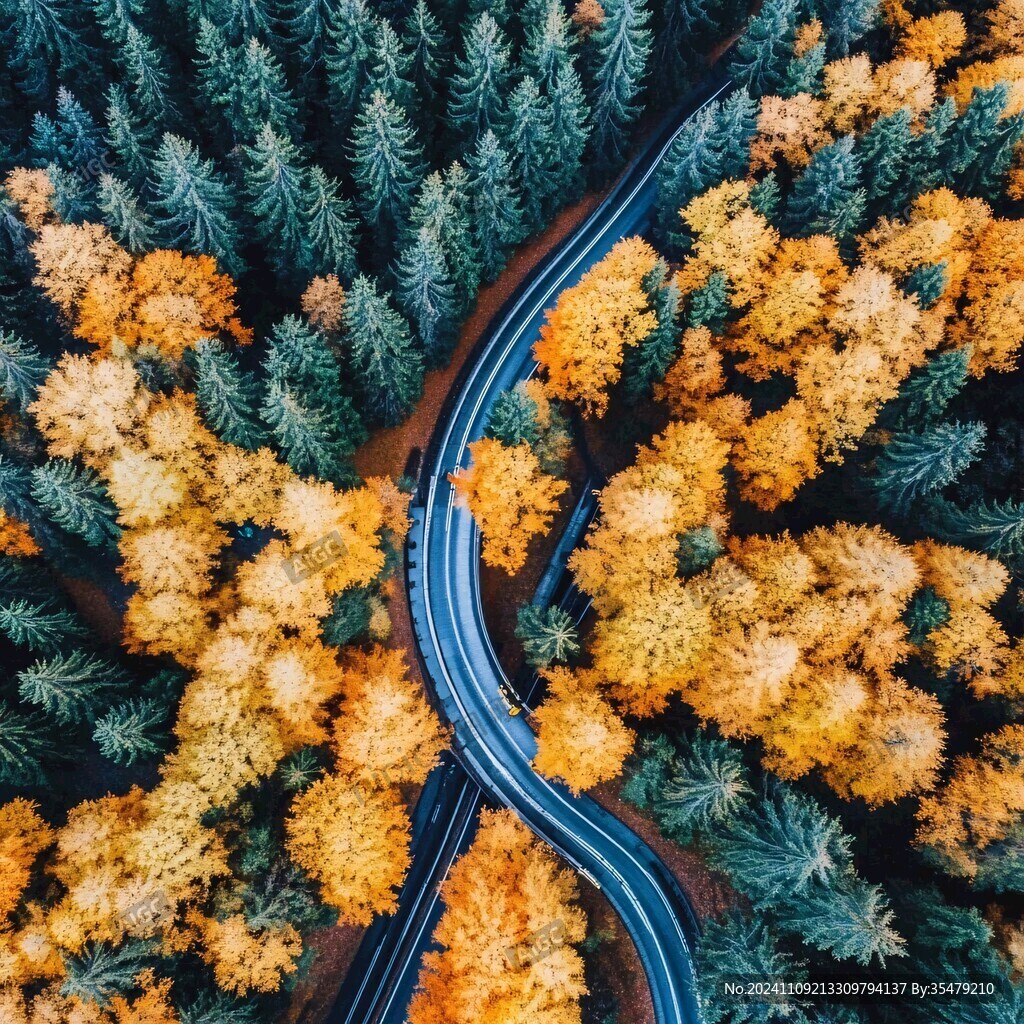 航拍秋季森林公路