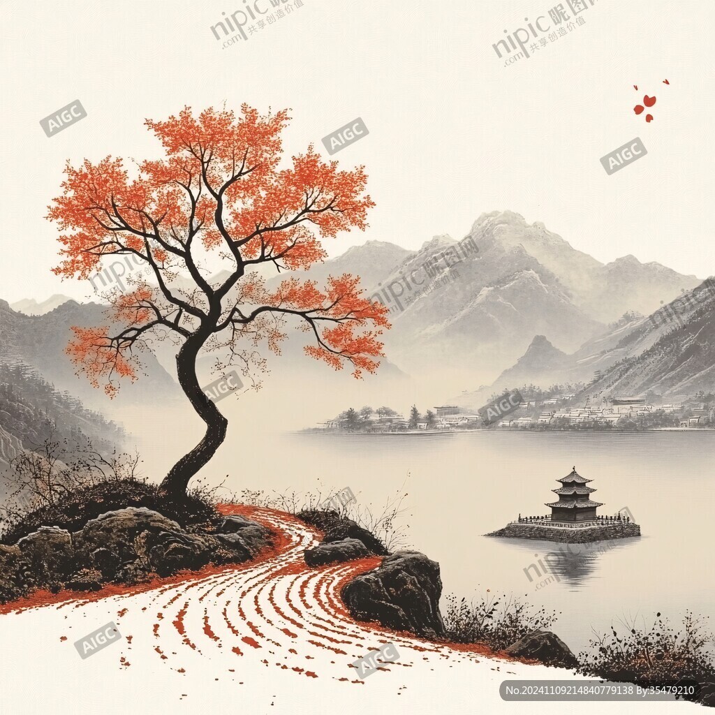 紅葉古風山水畫