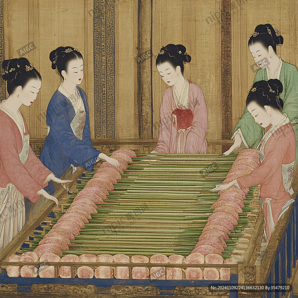 古代養蠶女摘繭場景