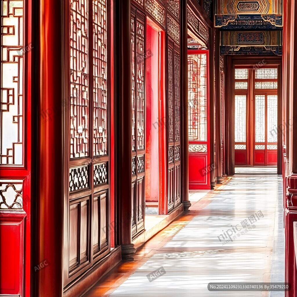 古建筑大殿紅色隔扇