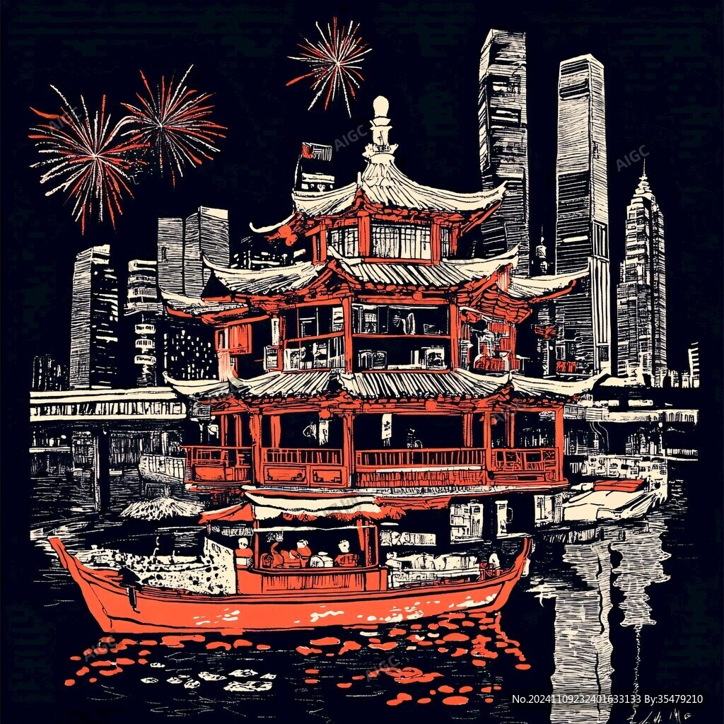 維多利亞港手繪插畫