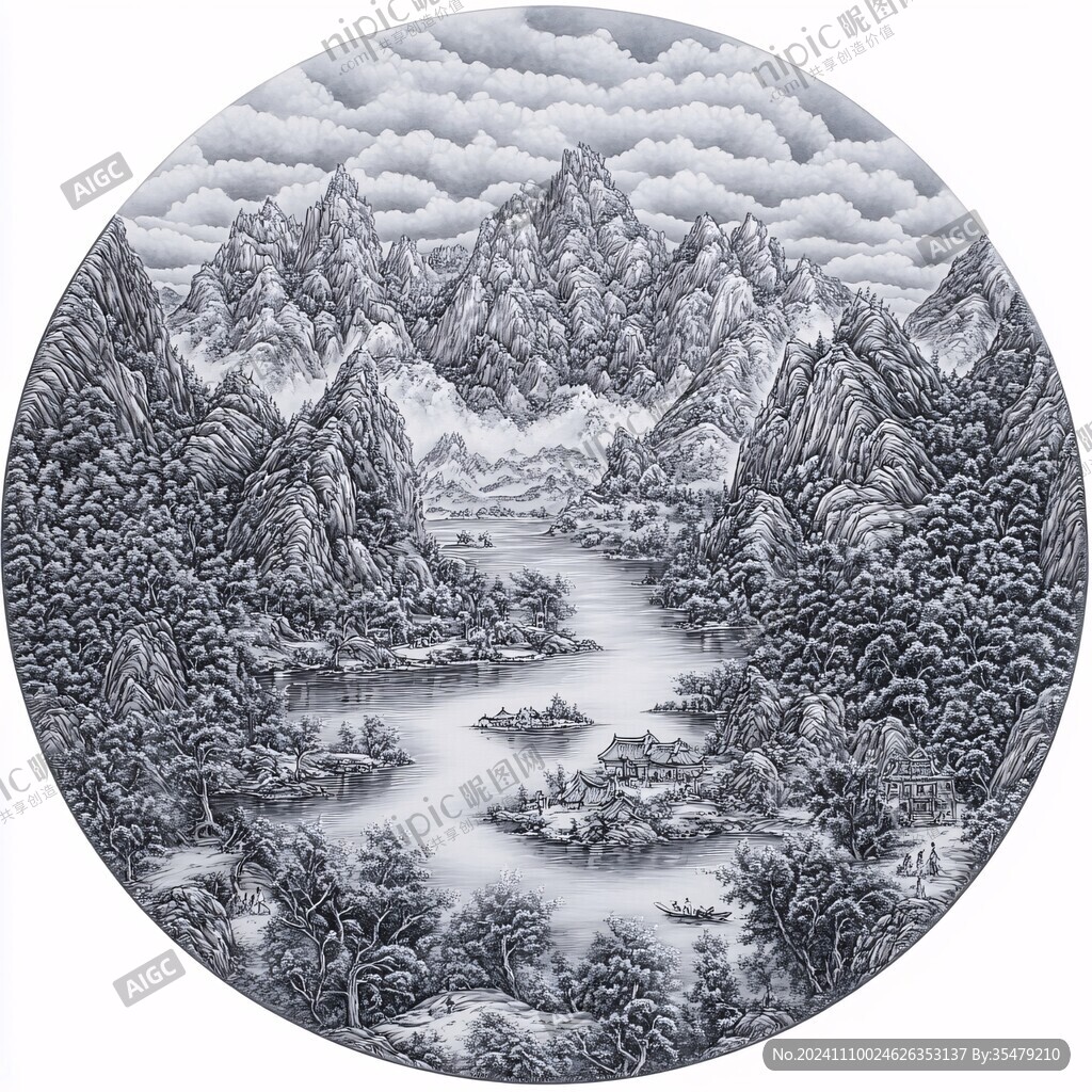 圓形手繪山水