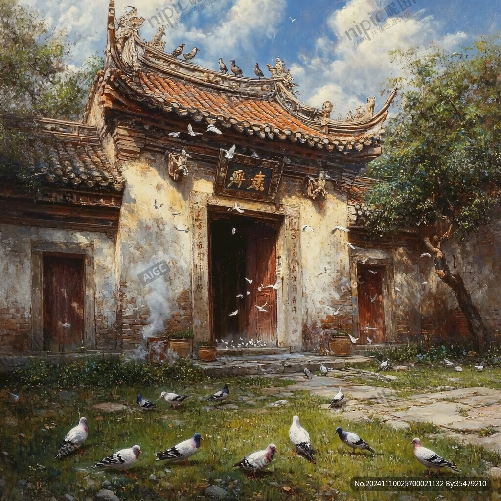 中式建筑風(fēng)景油畫