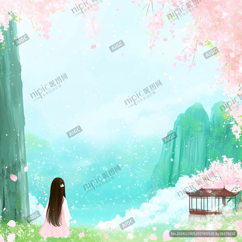 站在桃花樹下的女孩子