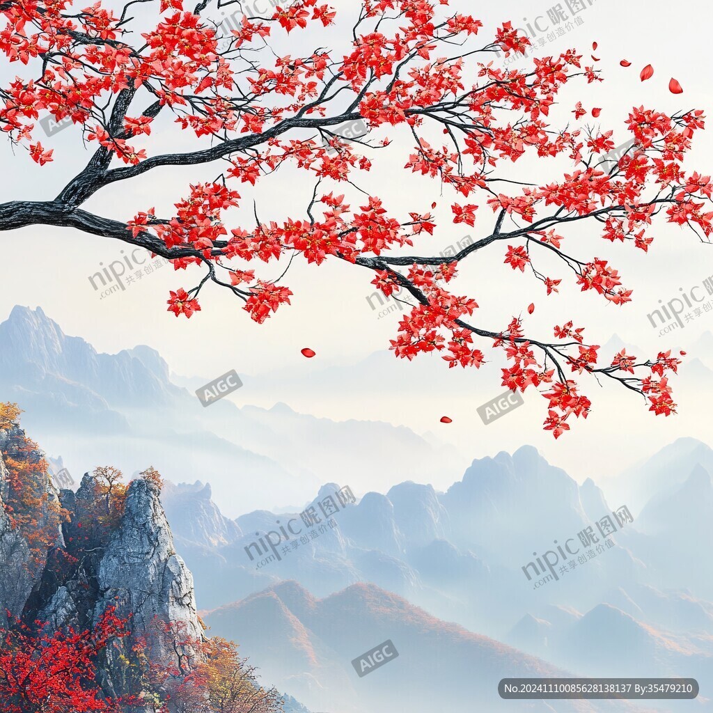 紅葉古風山水畫
