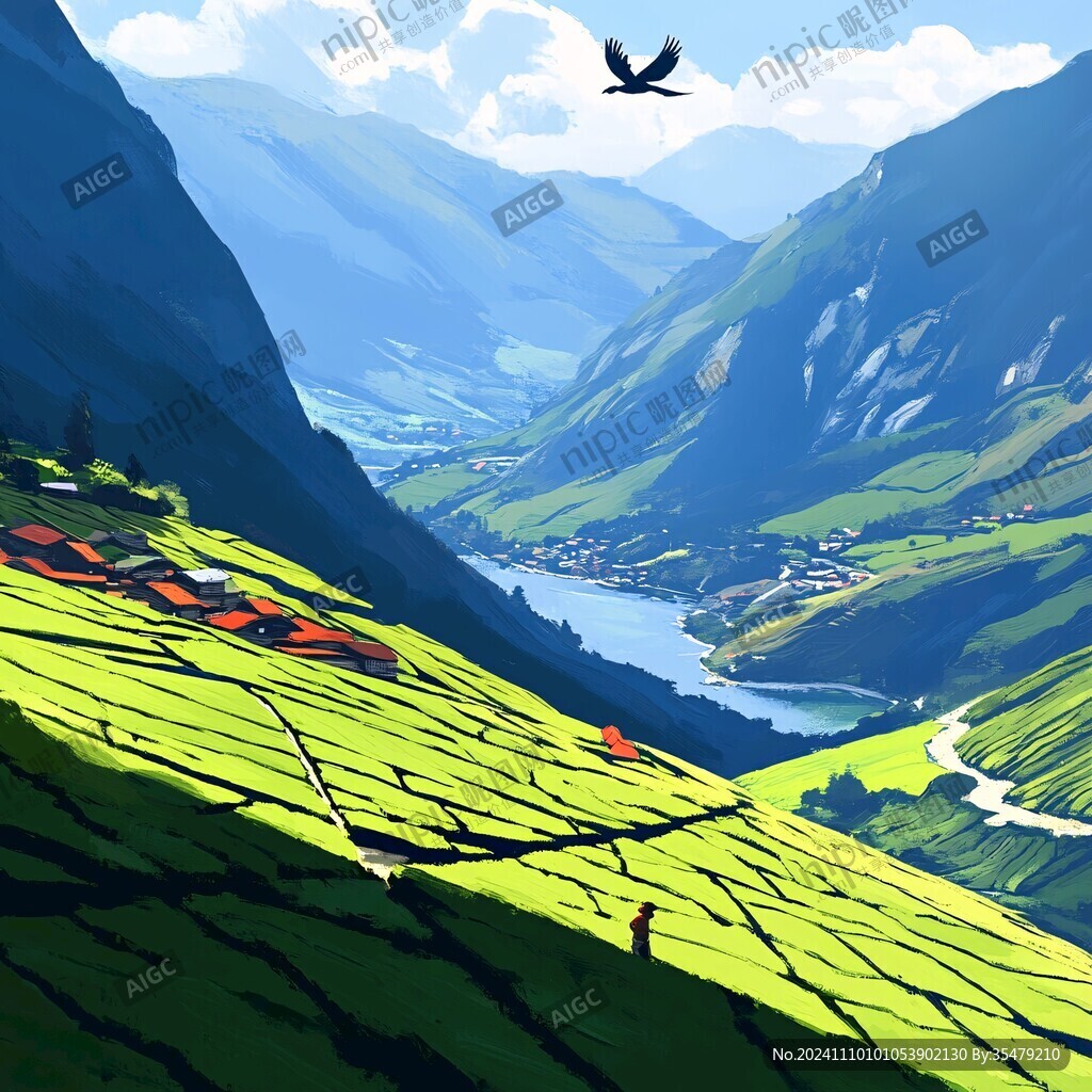茶園風光插畫