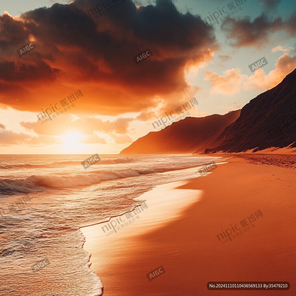 海邊橙色云彩自然風景
