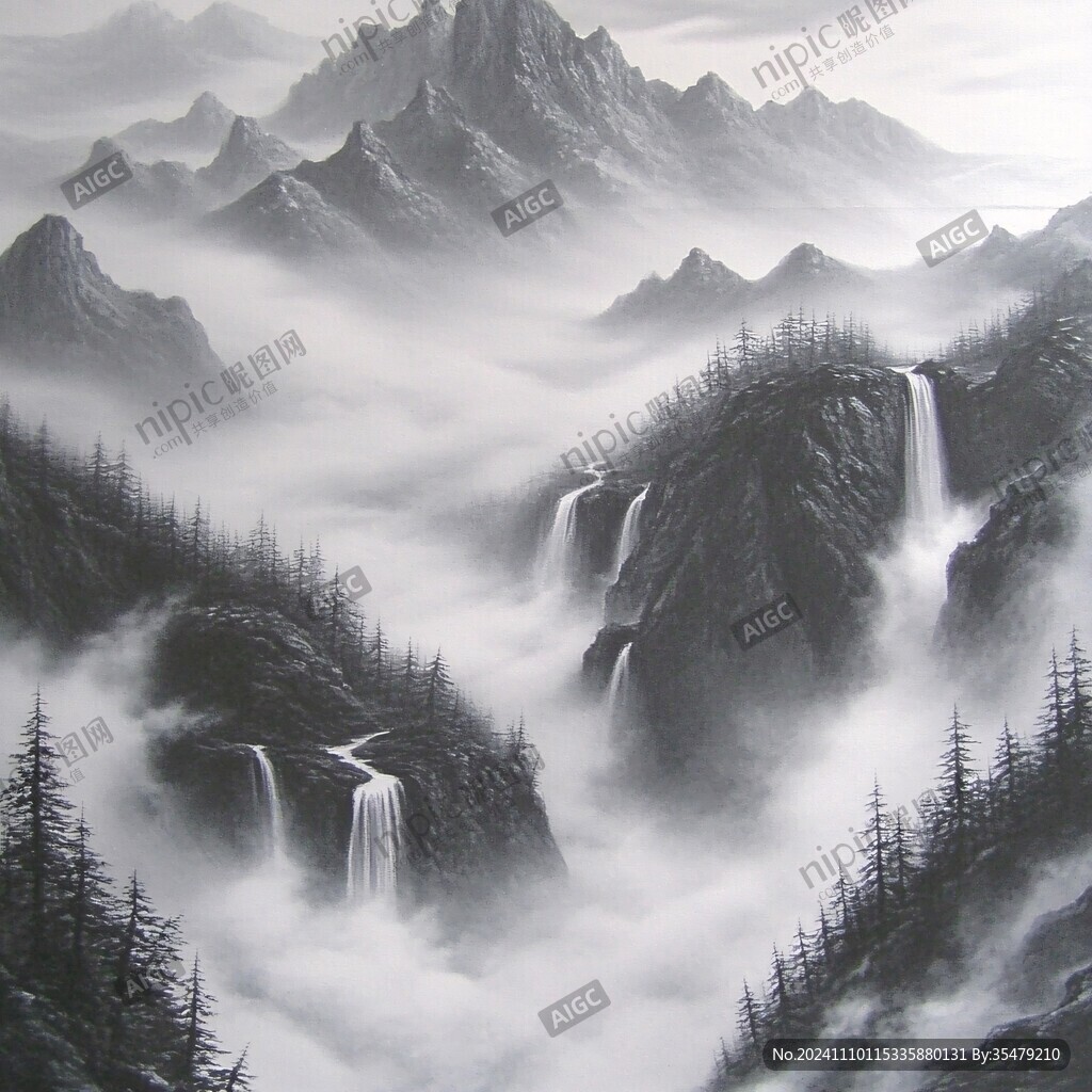 手繪風(fēng)景畫煙霧山水畫