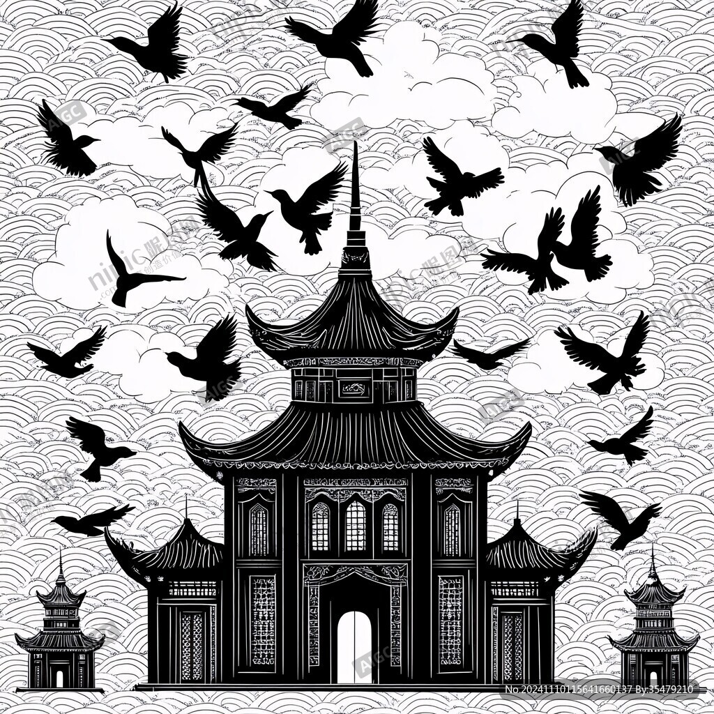 仙鶴樓閣復古瑞鶴圖