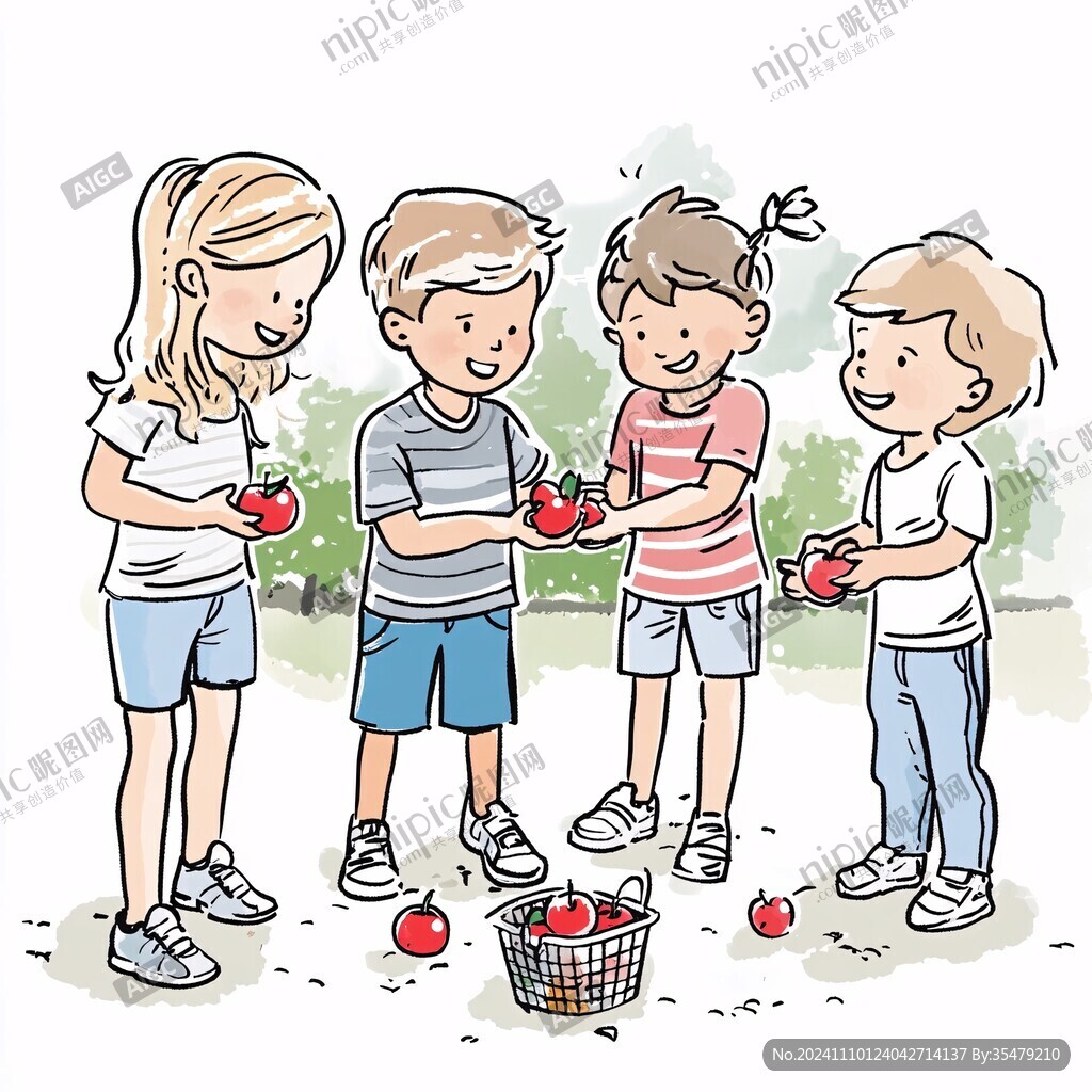 采摘蘋果手繪