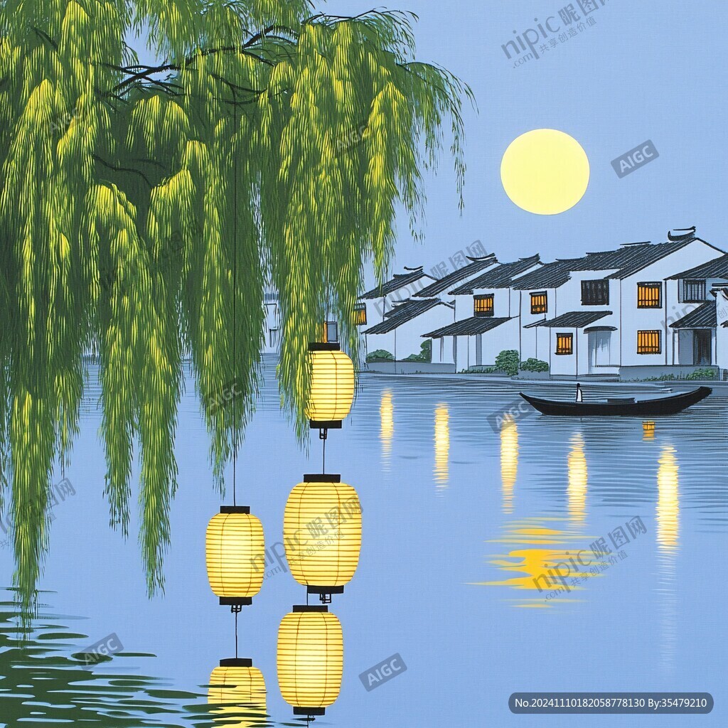 山水畫江南水鄉(xiāng)紅燈籠