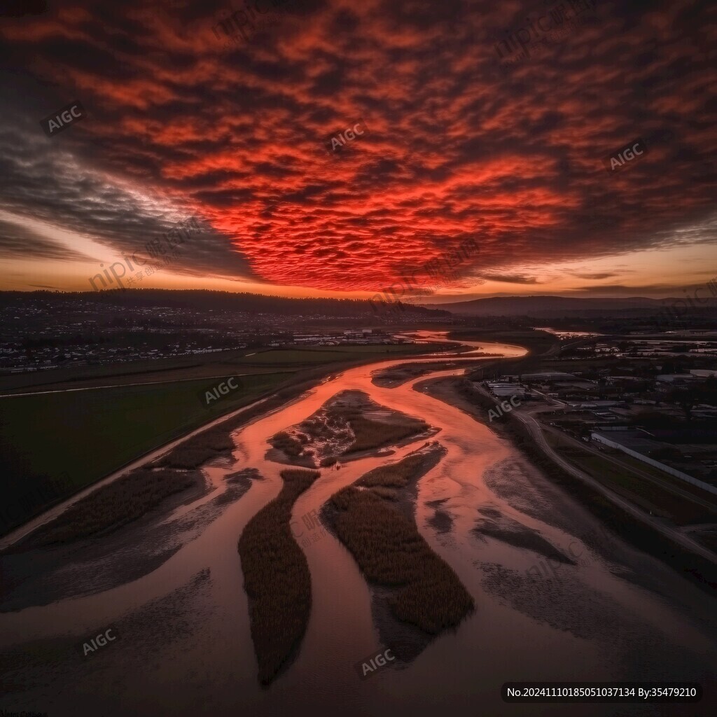 航拍紅色夕陽