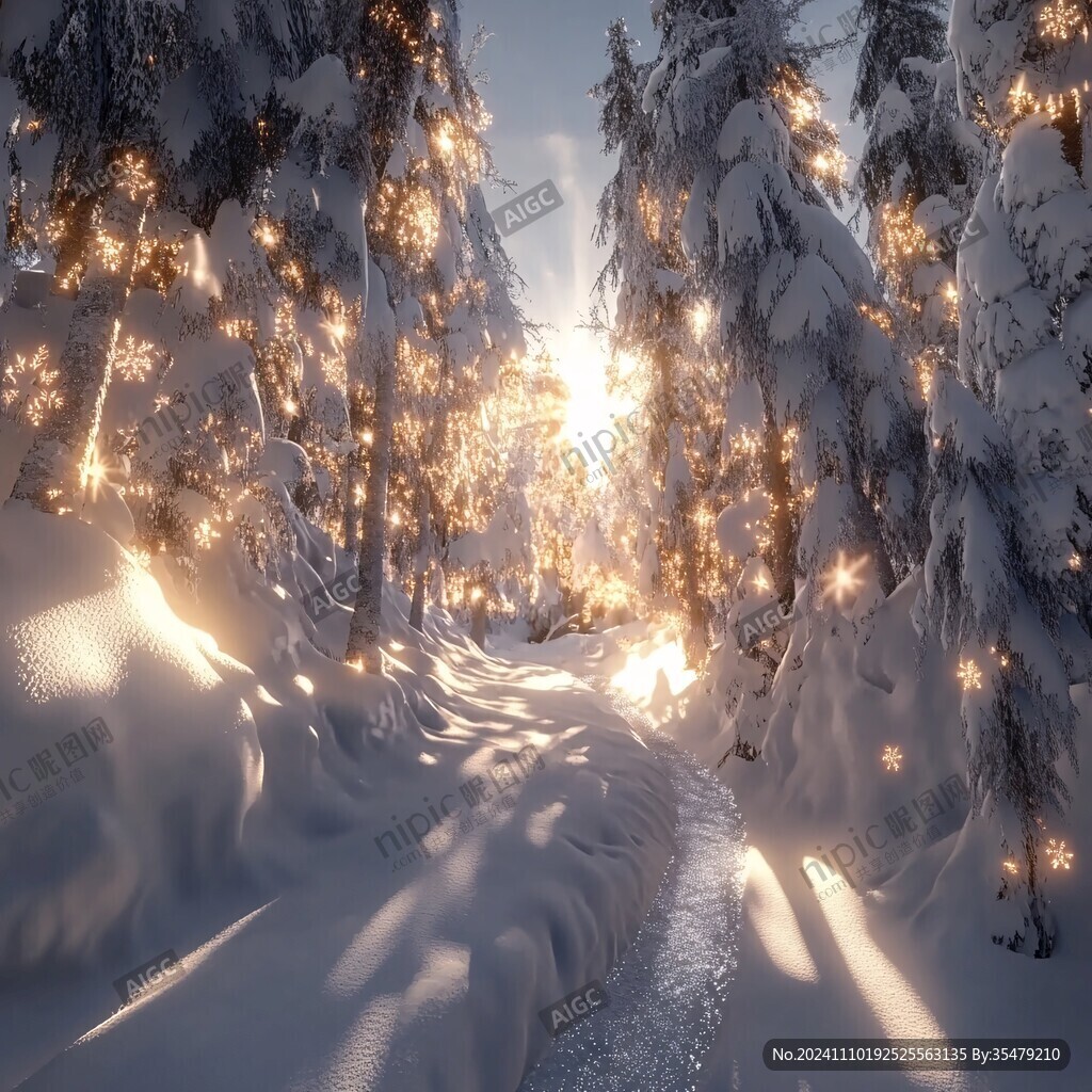 冬天森林夕陽雪景