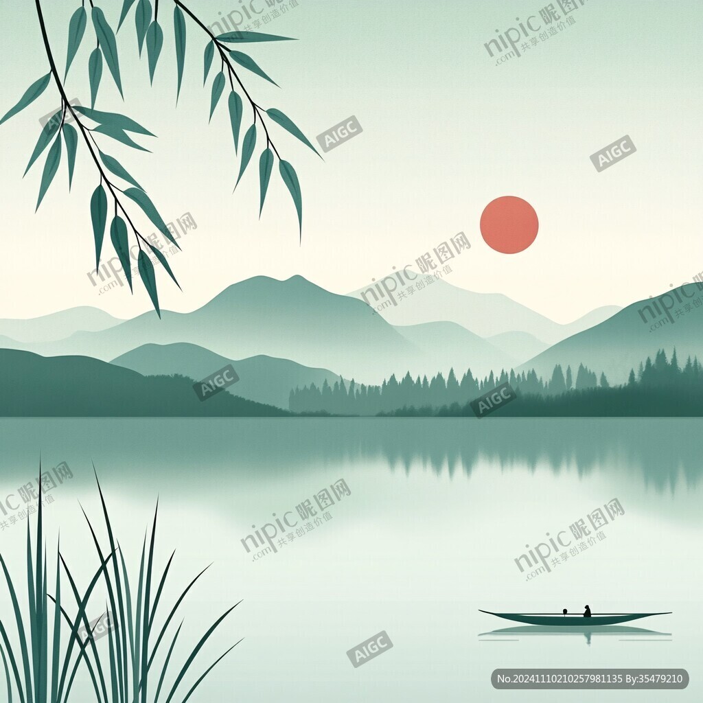 插畫山水湖