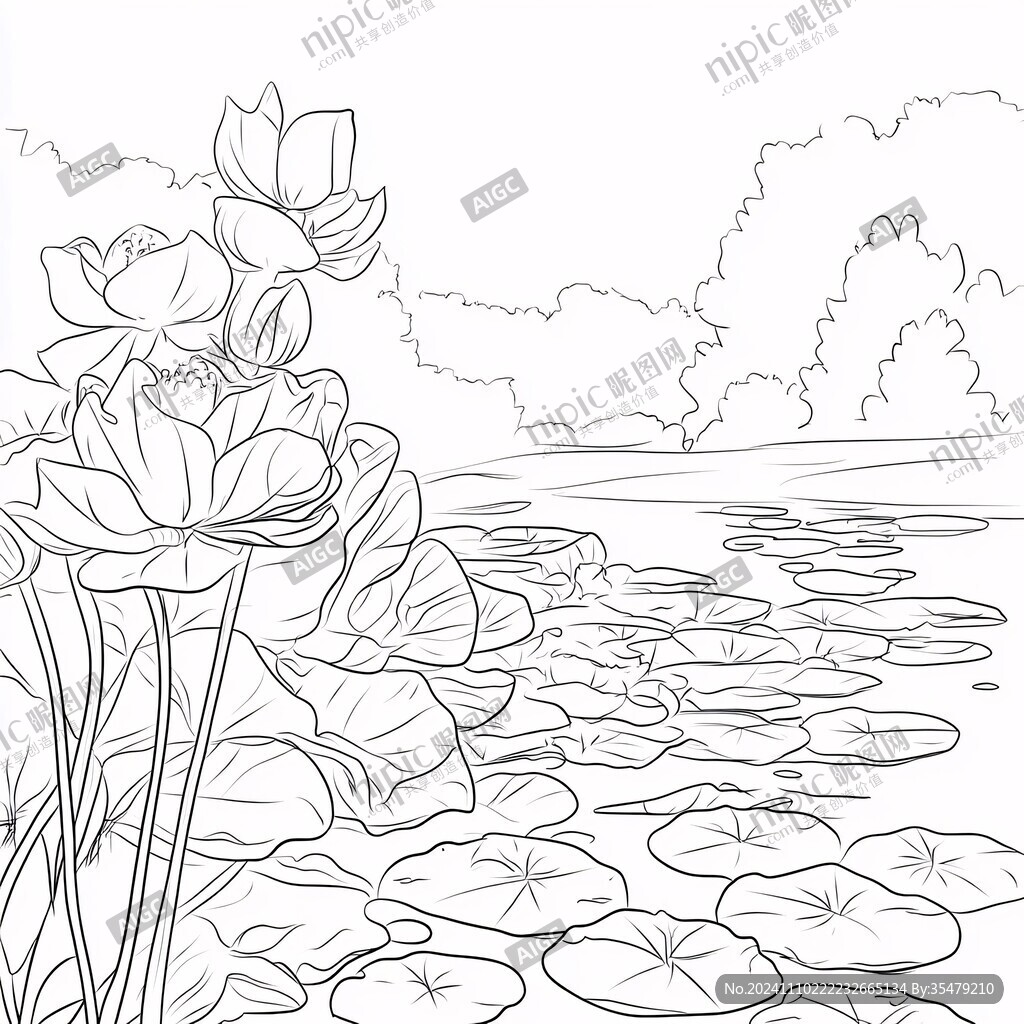 手繪荷花湖