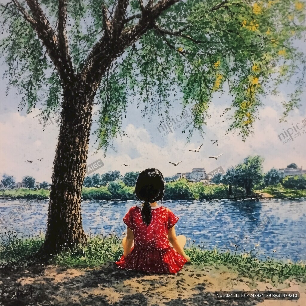 柳樹下散步的小孩