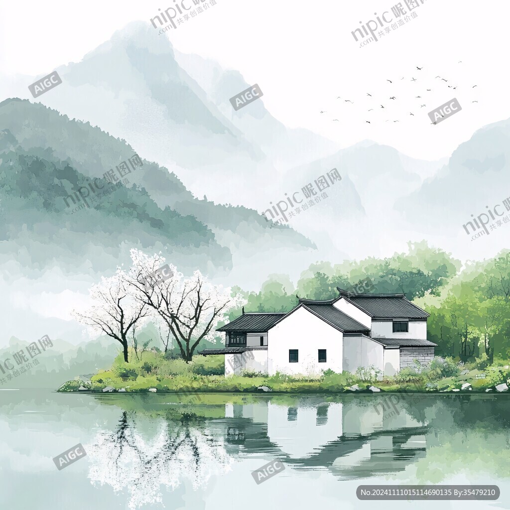 江南春季山水插畫