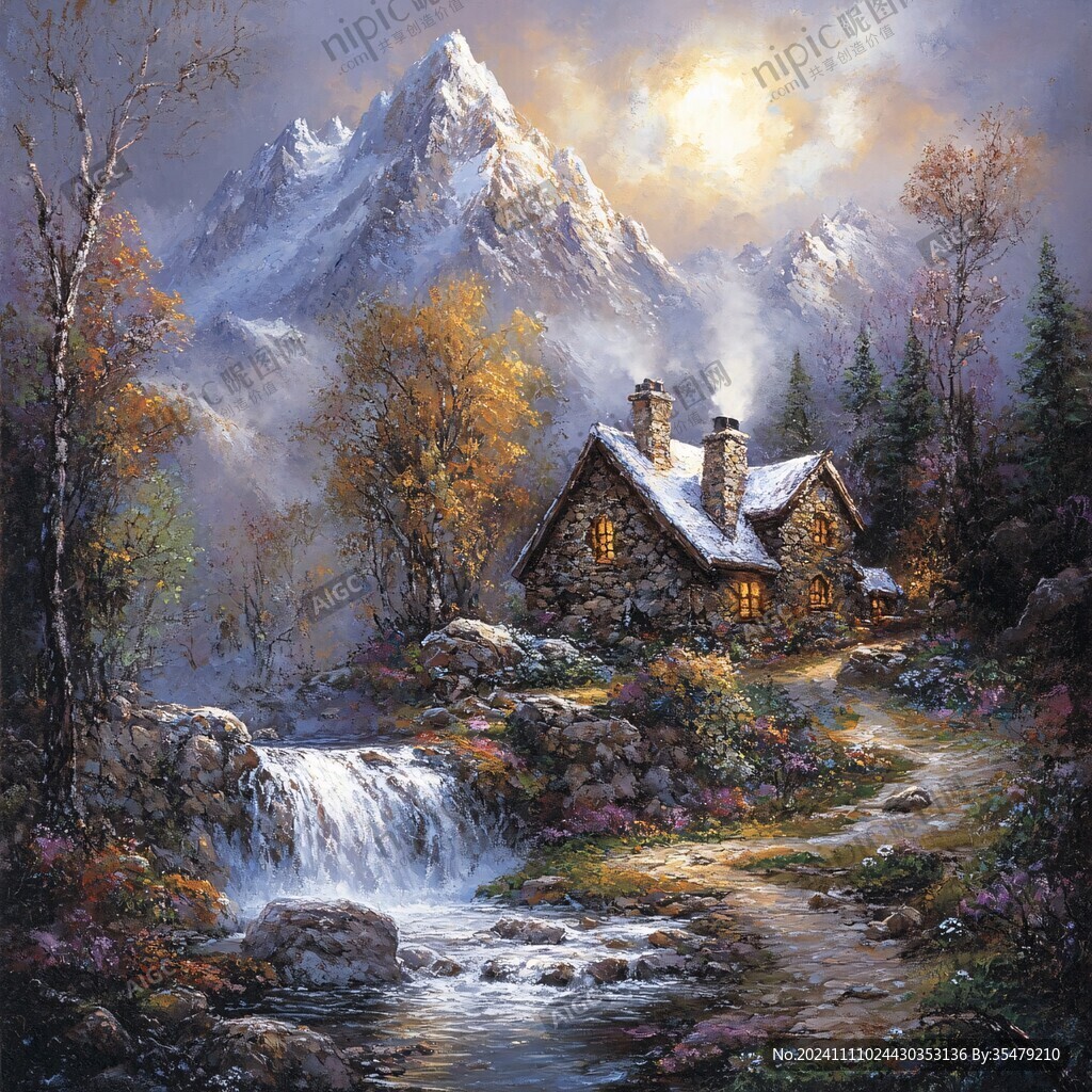 風(fēng)雪流水山脈油畫