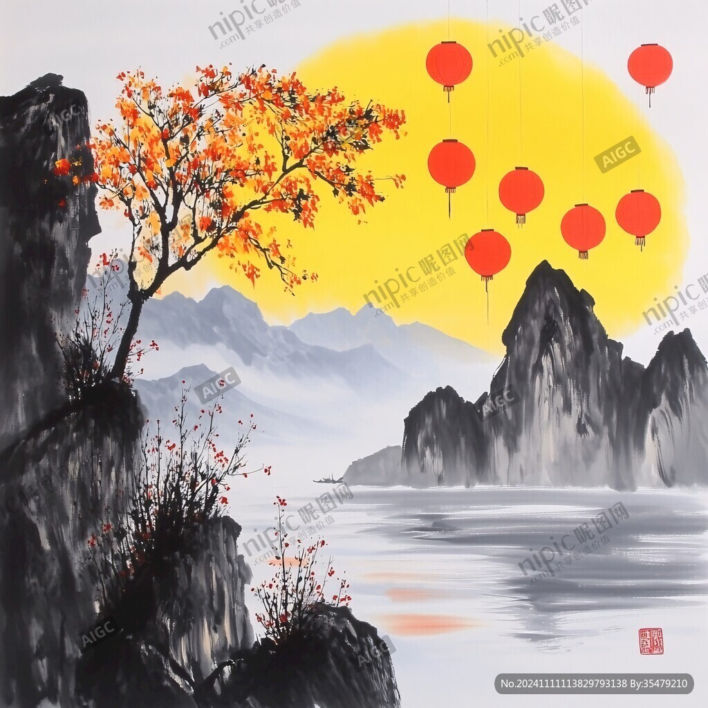 紅日水墨山水
