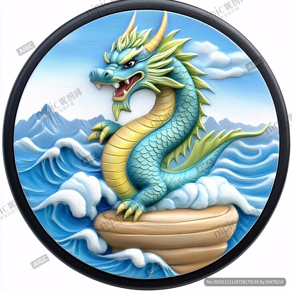 圓形卡通龍白龍青龍