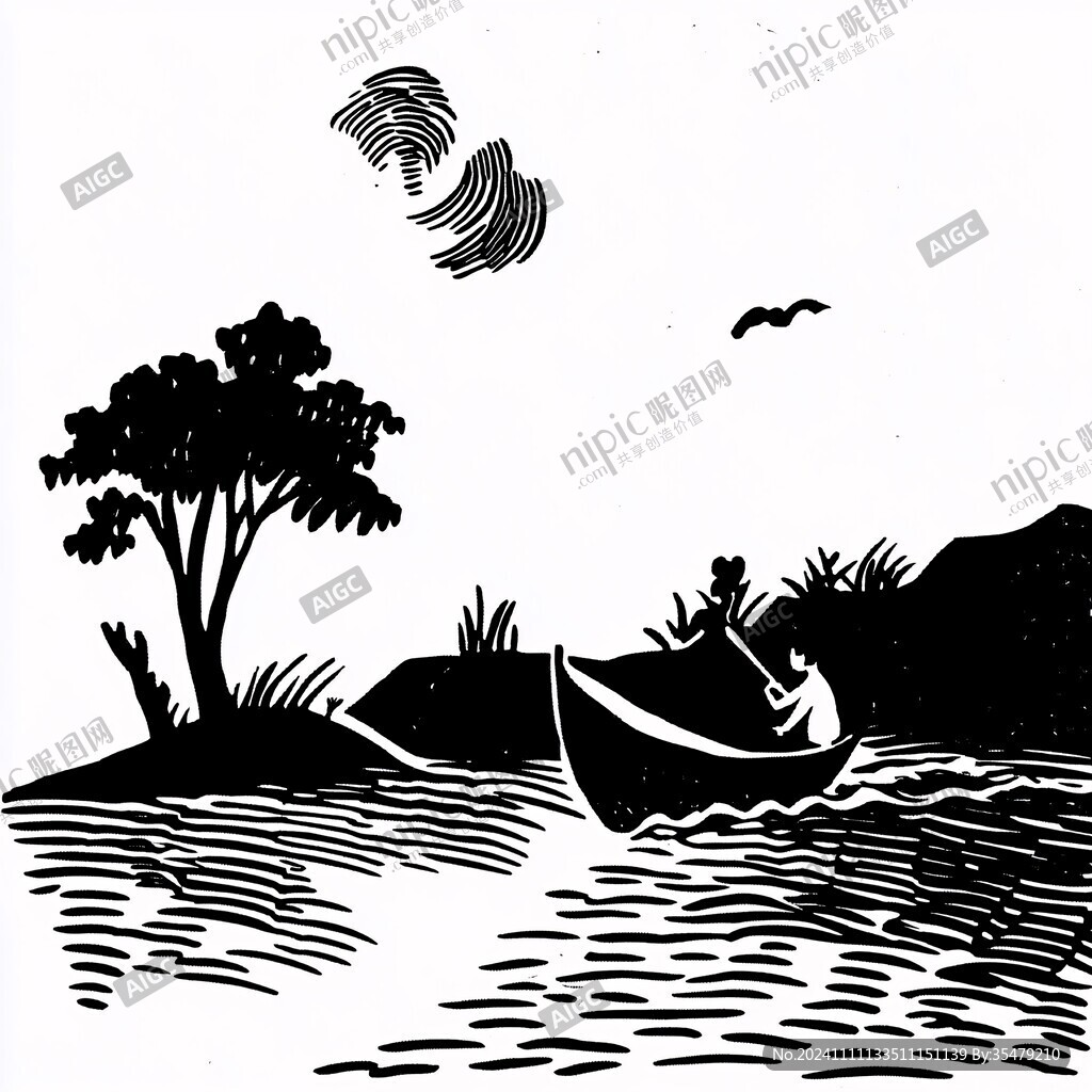 黑白出海捕魚版畫