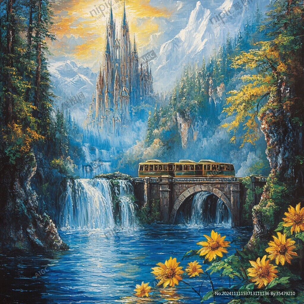 油畫風景油畫大橋