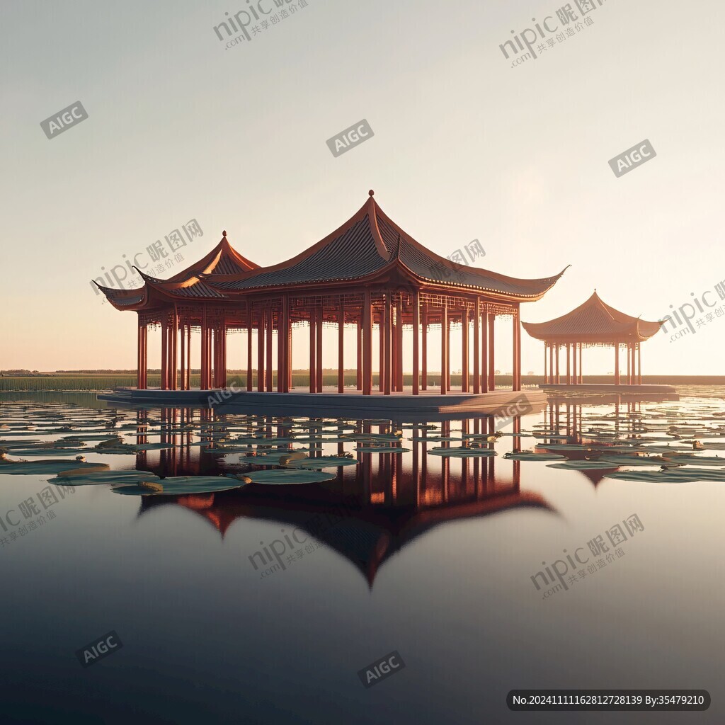 陽光下的水中涼亭