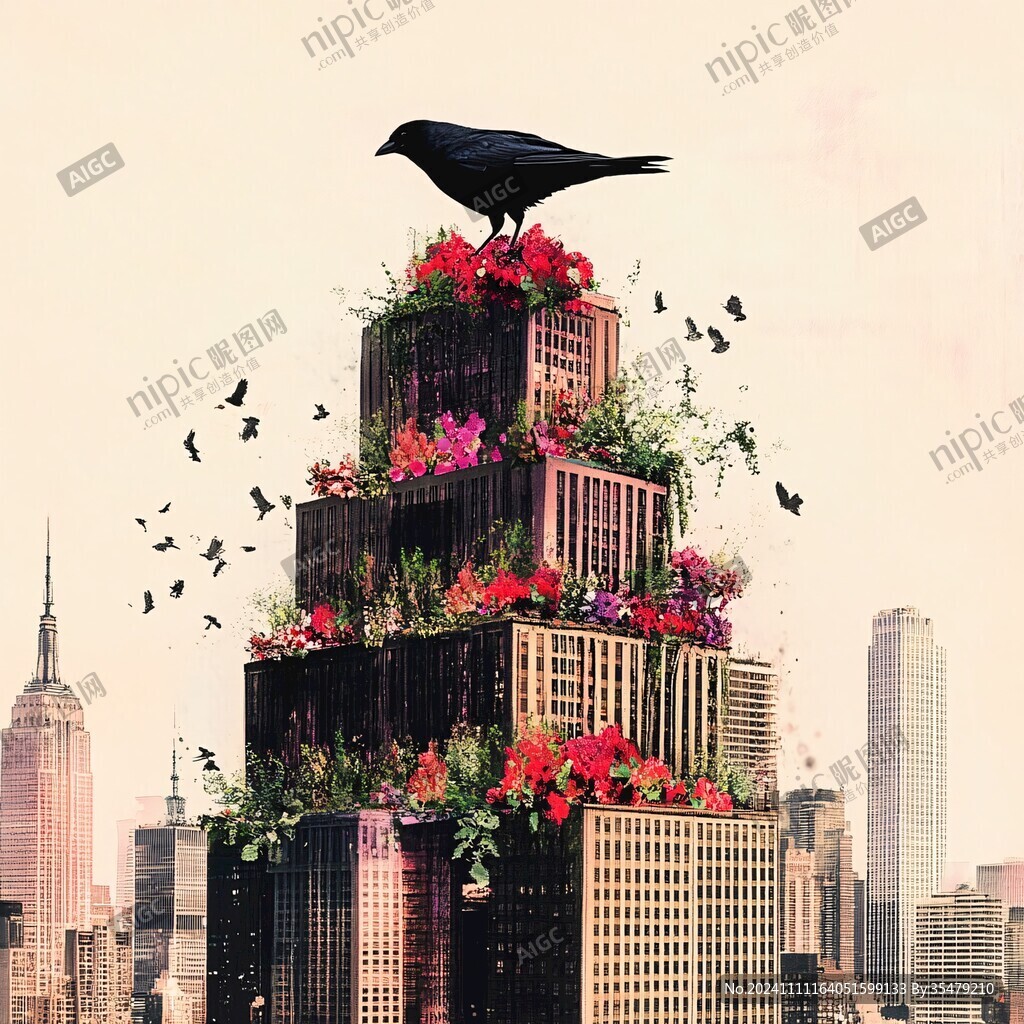 手繪建筑花鳥背景