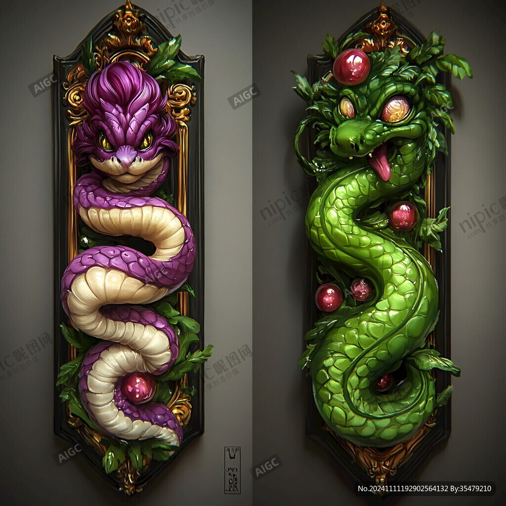 國風蛇與牡丹插畫