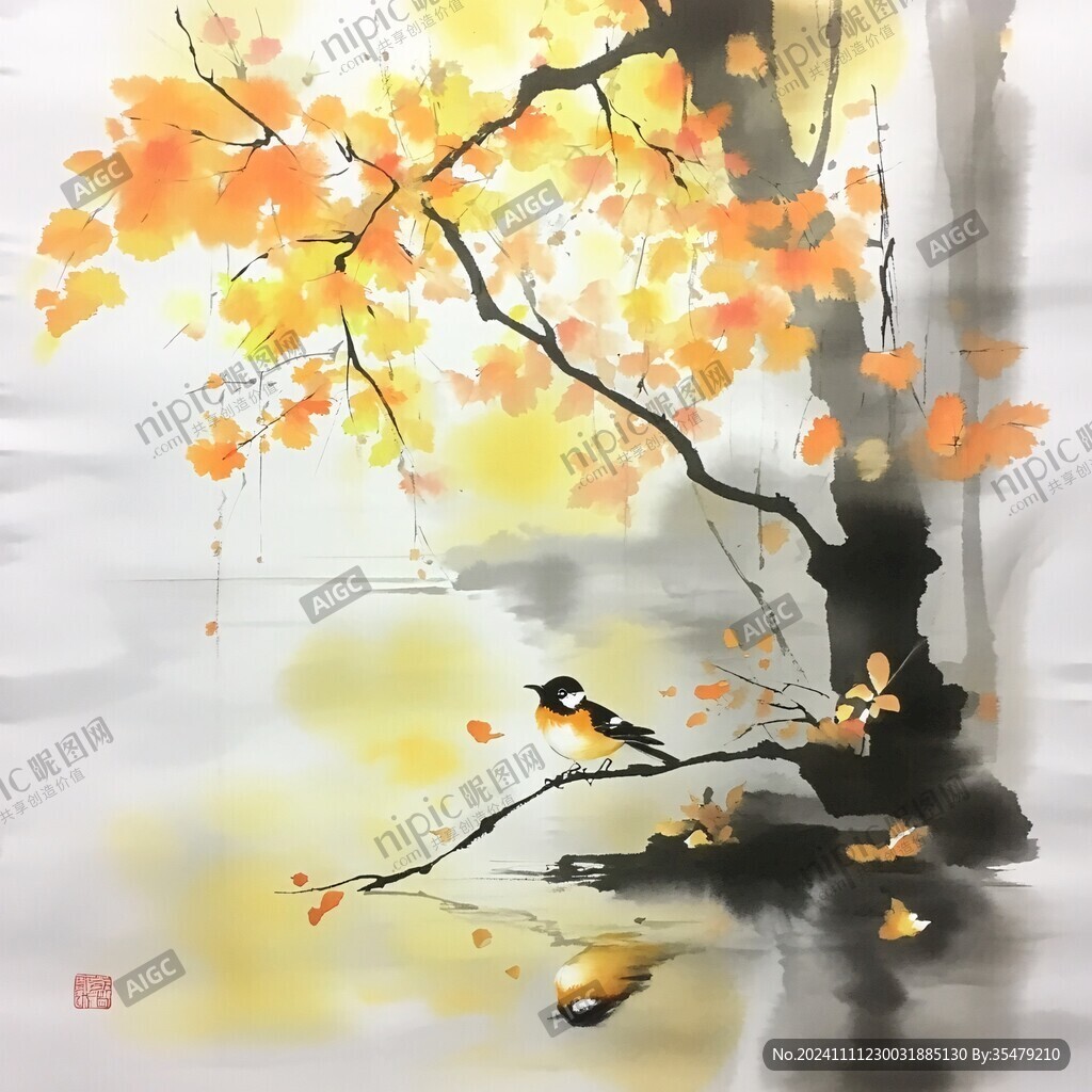 手繪黃鸝紅葉