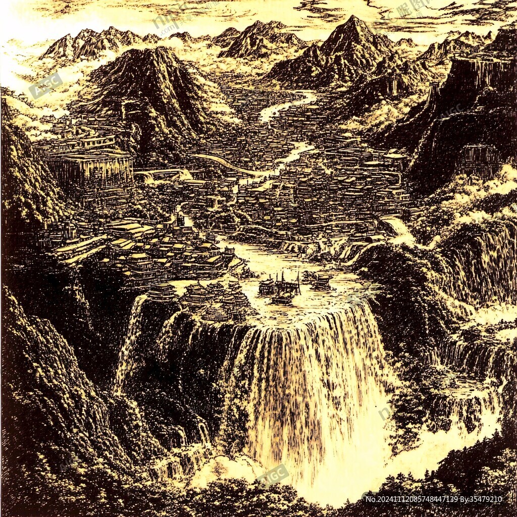 壺口瀑布鋼筆畫(huà)