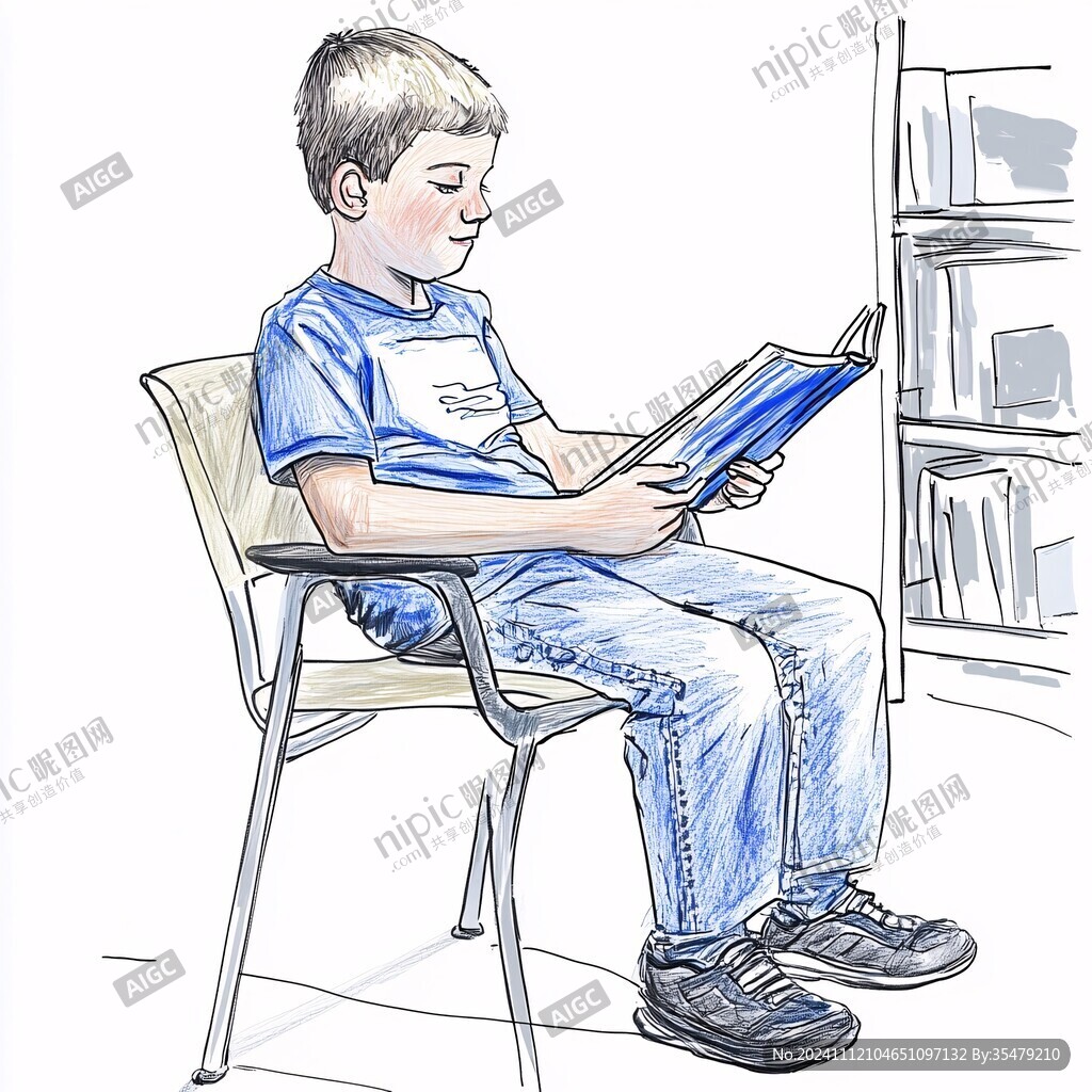 手繪讀書小男孩