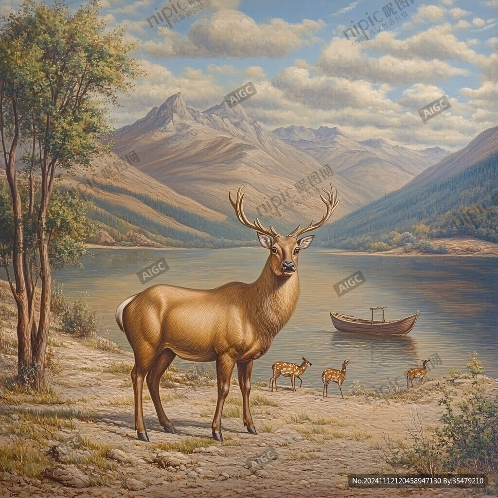 麋鹿風景油畫