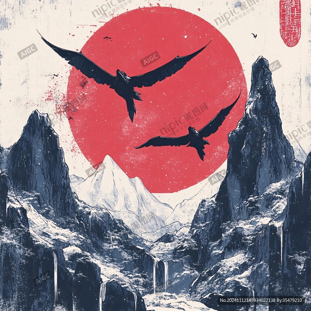 日出飛鳥太陽紅日群山