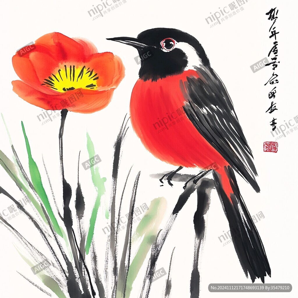 紅色花鳥畫