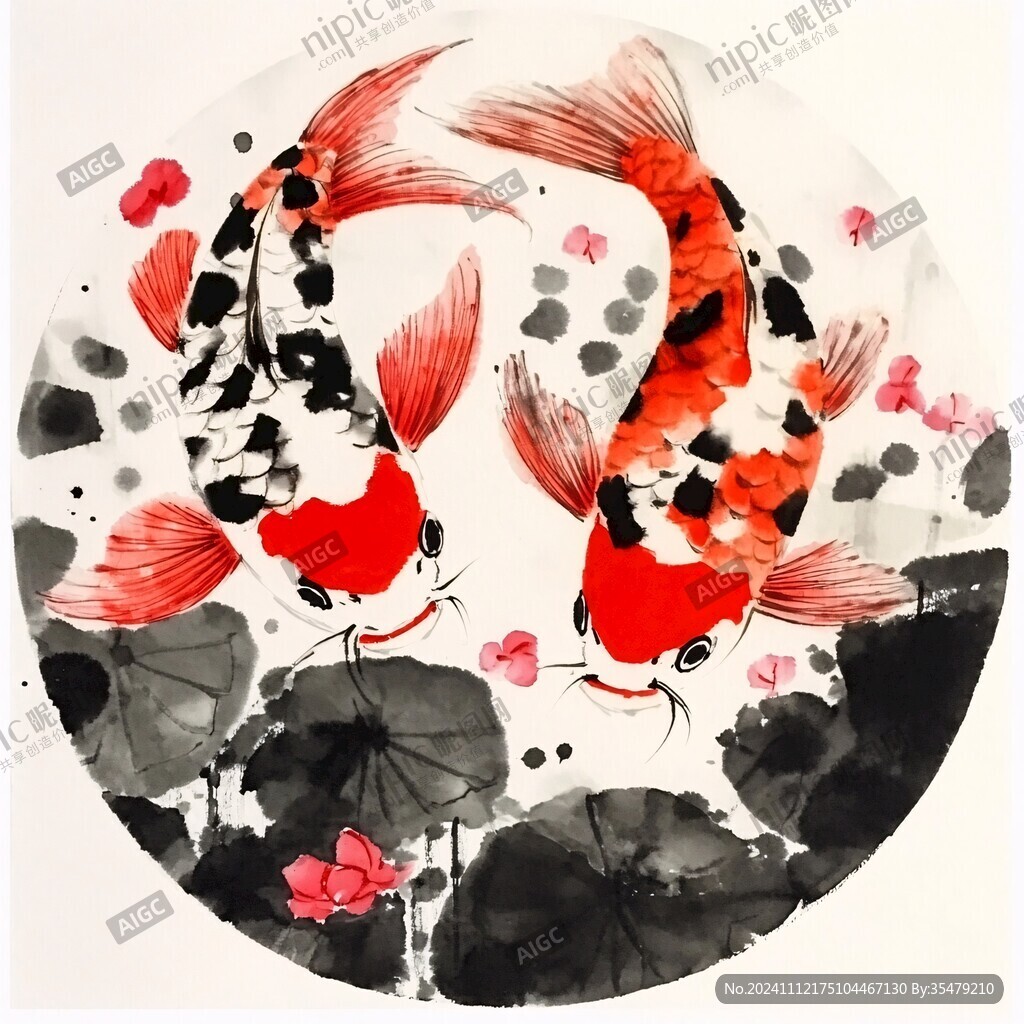 工筆紅鯉圓形鏡心