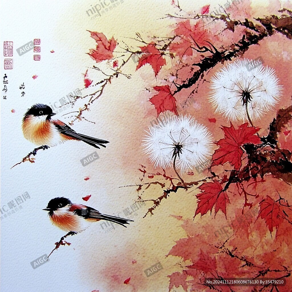楓葉花鳥裝飾畫