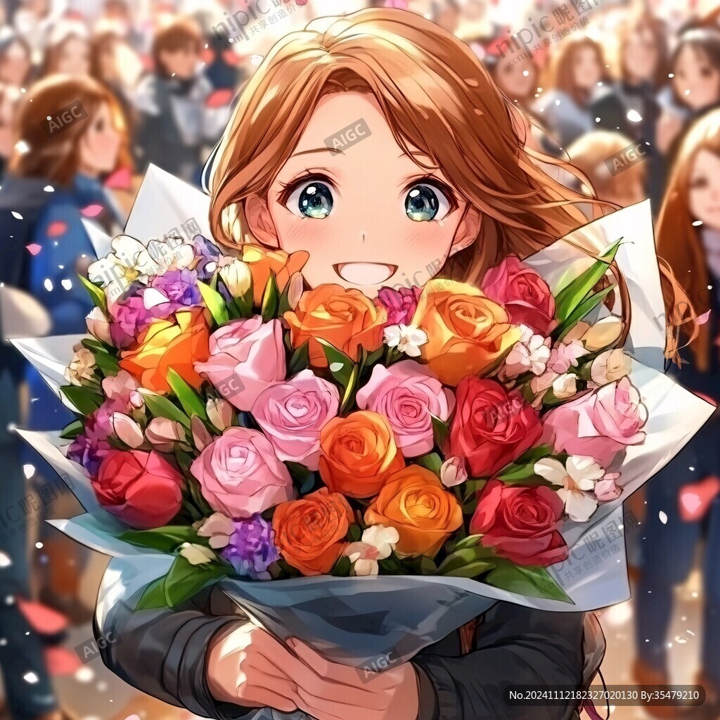 女孩捧花微笑插畫