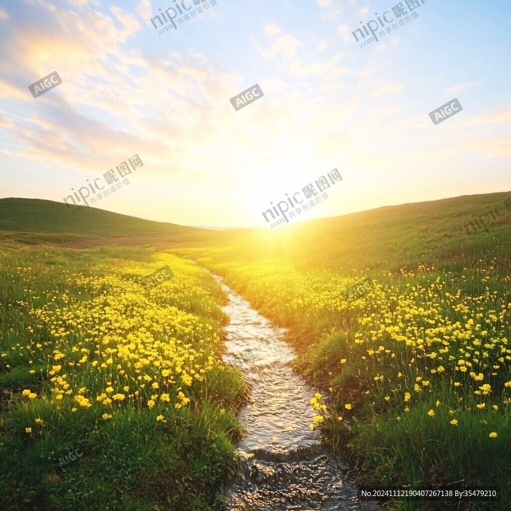夕陽下的草地溪流