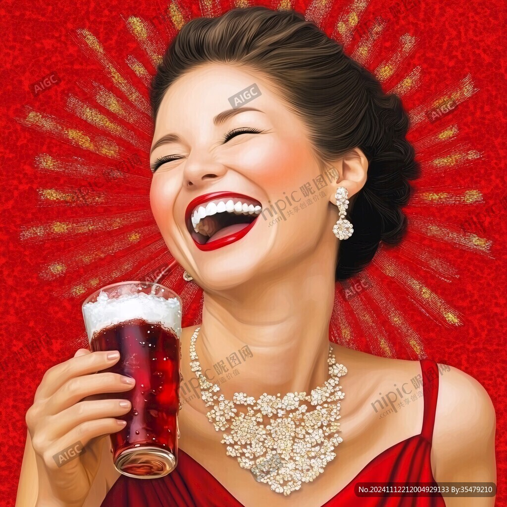 手繪喝飲料美女