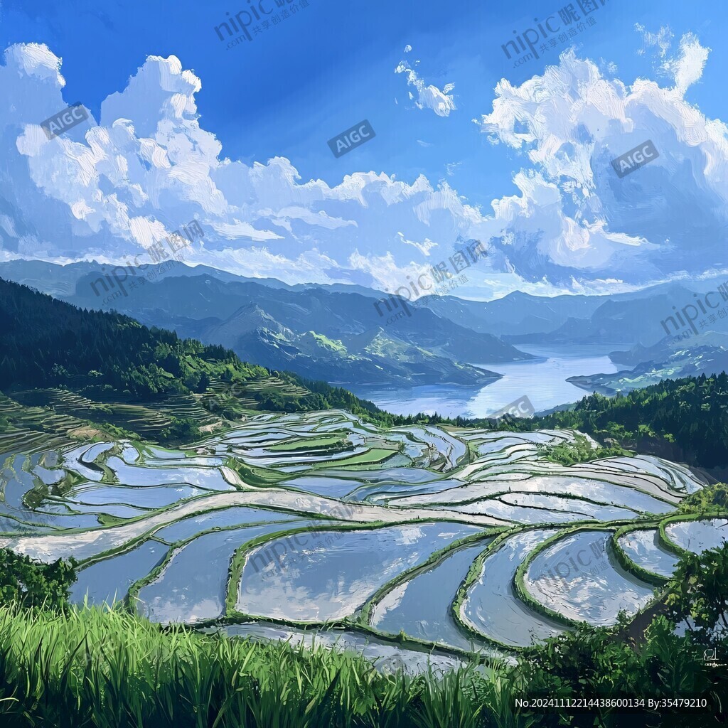 水稻梯田插畫