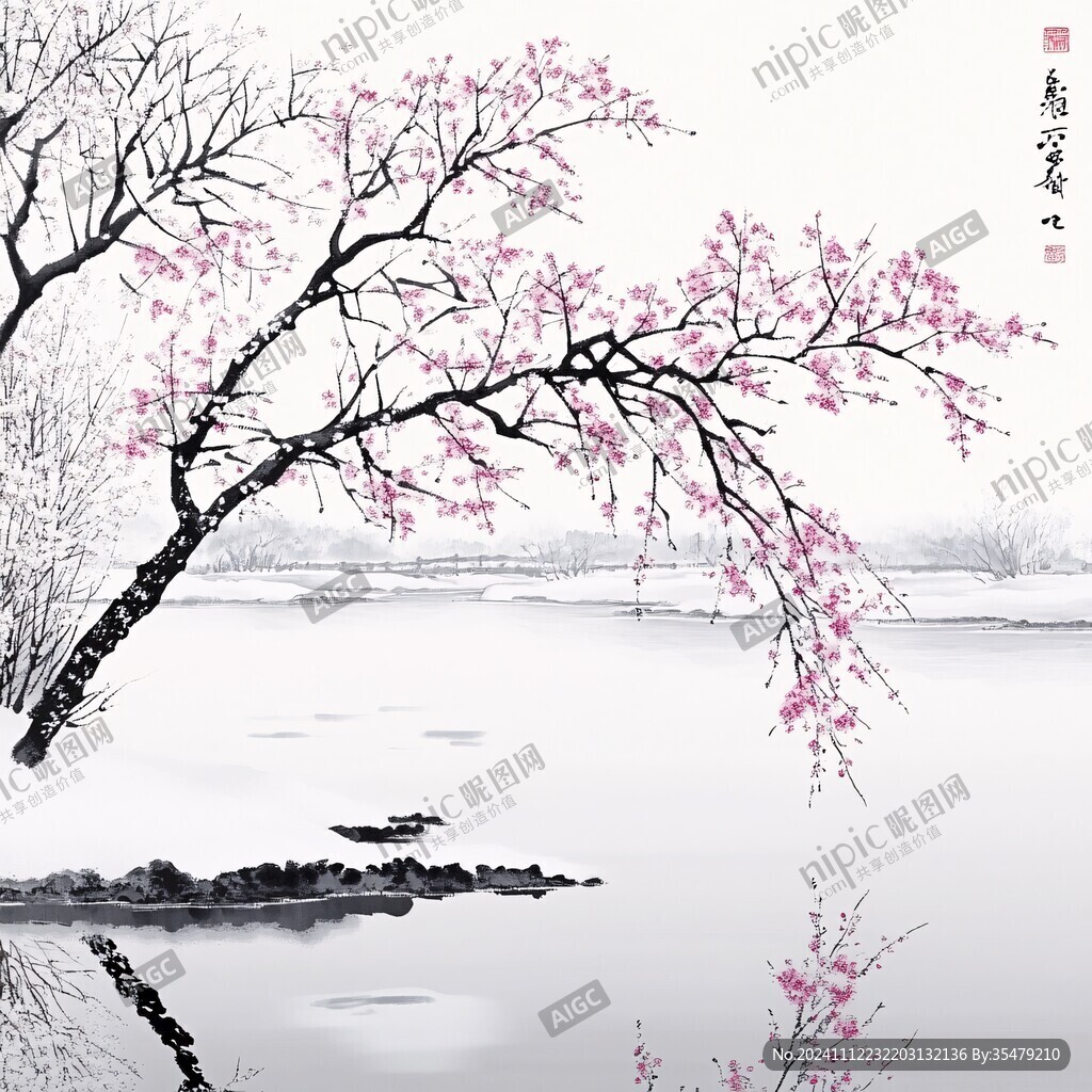 桃花春意江南水墨畫