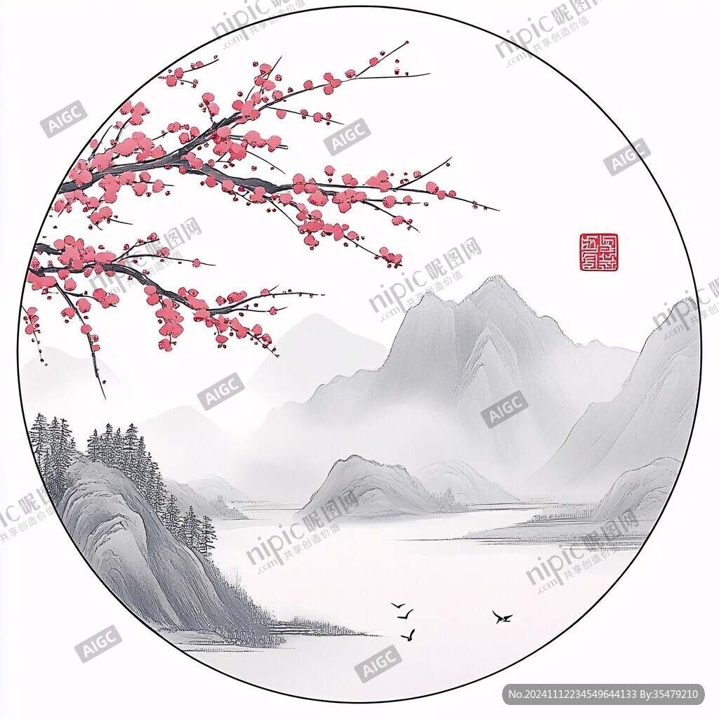 新中式圓框山水畫
