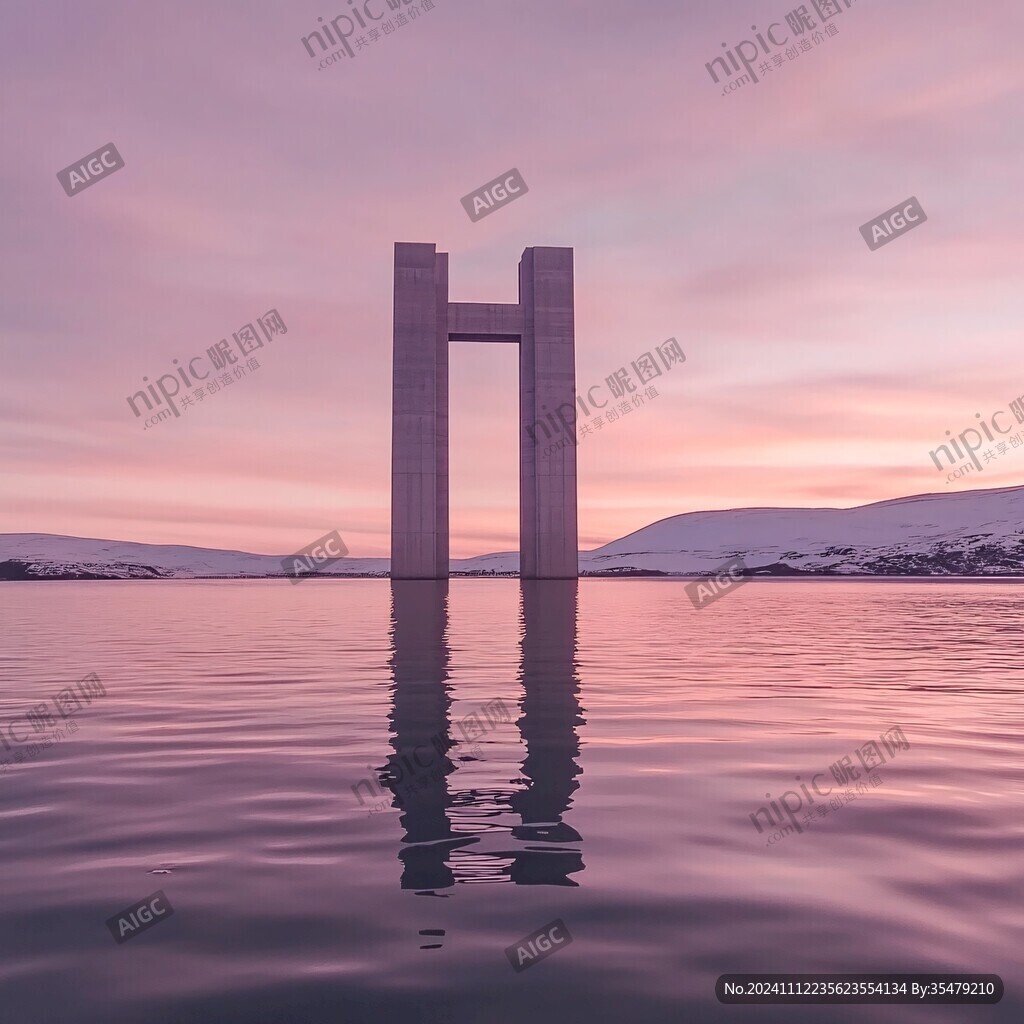 夕陽倒影建筑橋墩倒影