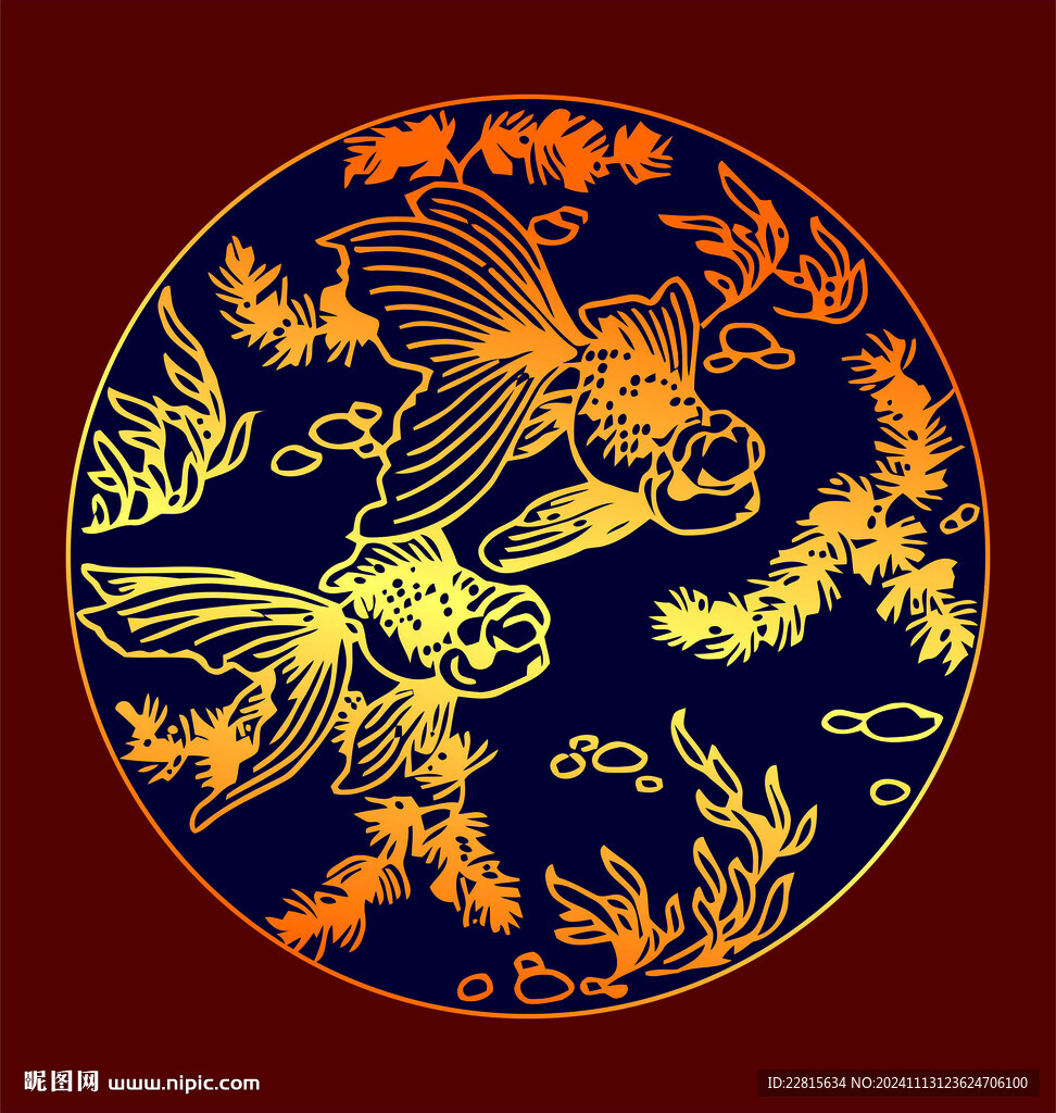 矢量燙金色金魚(yú)團(tuán)紋