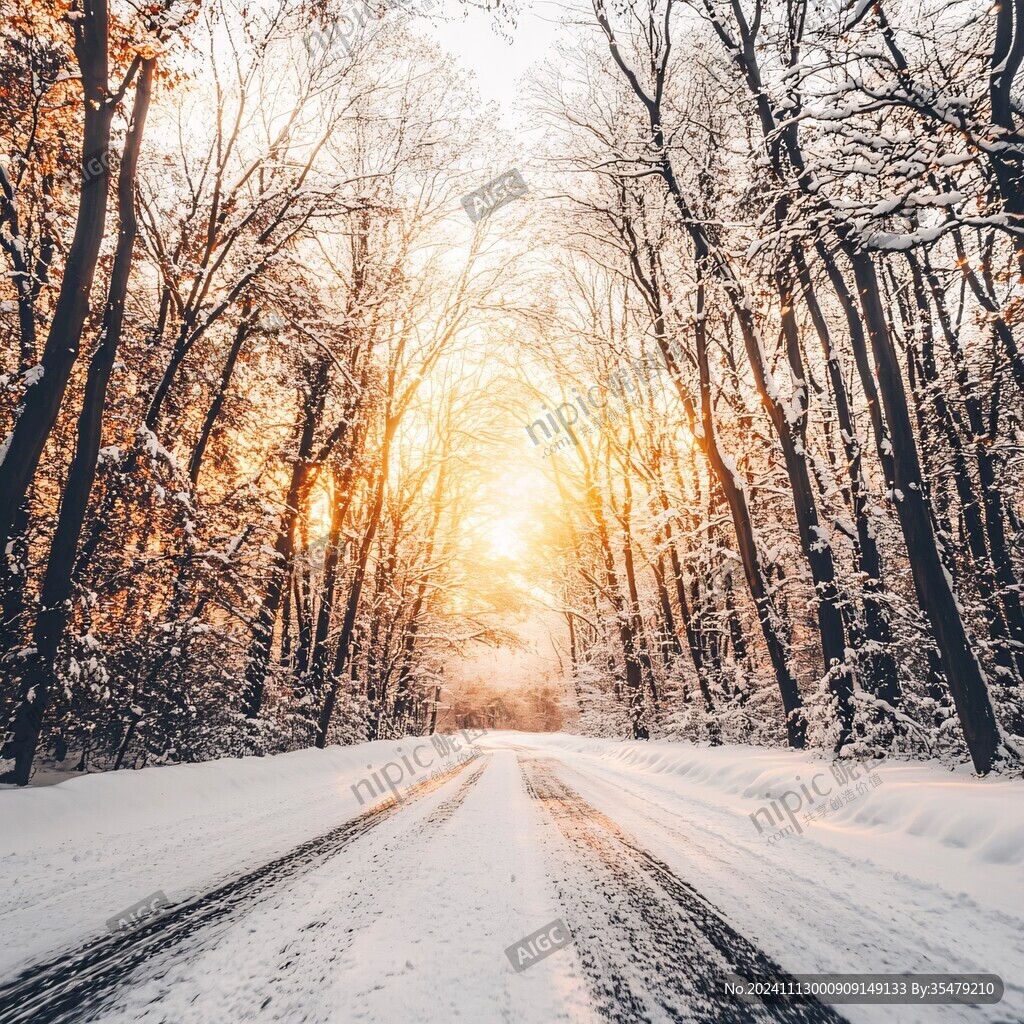 清晨冬季森林積雪公路