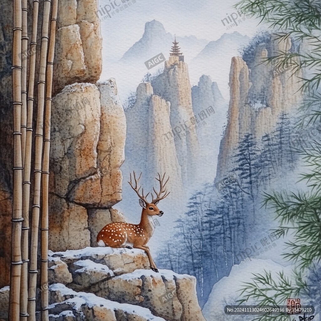 山峰山水畫油畫梅花鹿