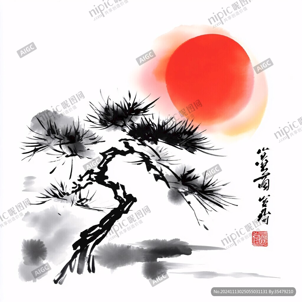 紅日東升水墨畫