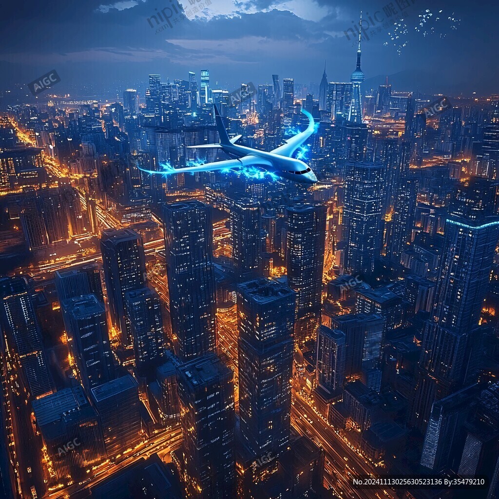 飛機鳥瞰城市夜景