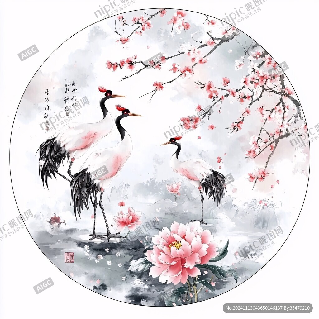 圓形桃花鳥畫